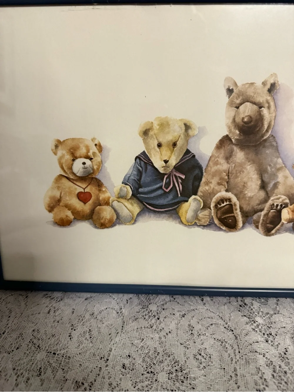 Vintage Martha Smith Haynes Teddy Bear Row Framed Wall Art - Blue Frame